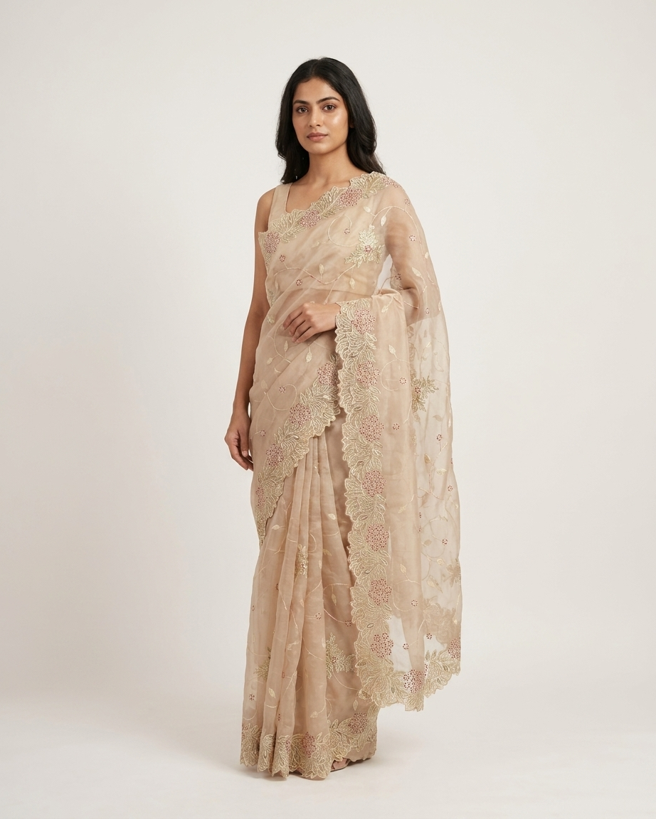Blush Beige Floral Organza Saree