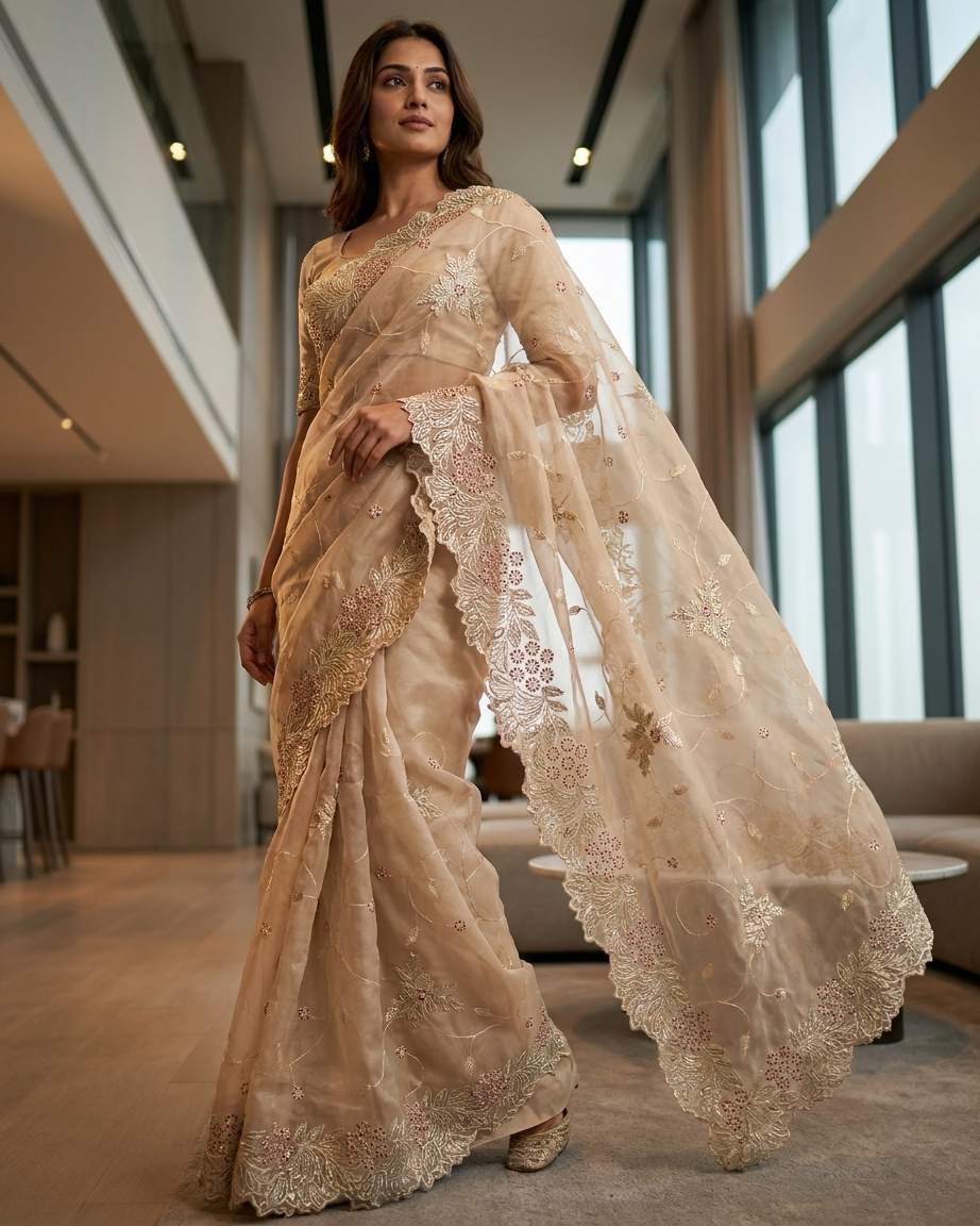 Blush Beige Floral Organza Saree