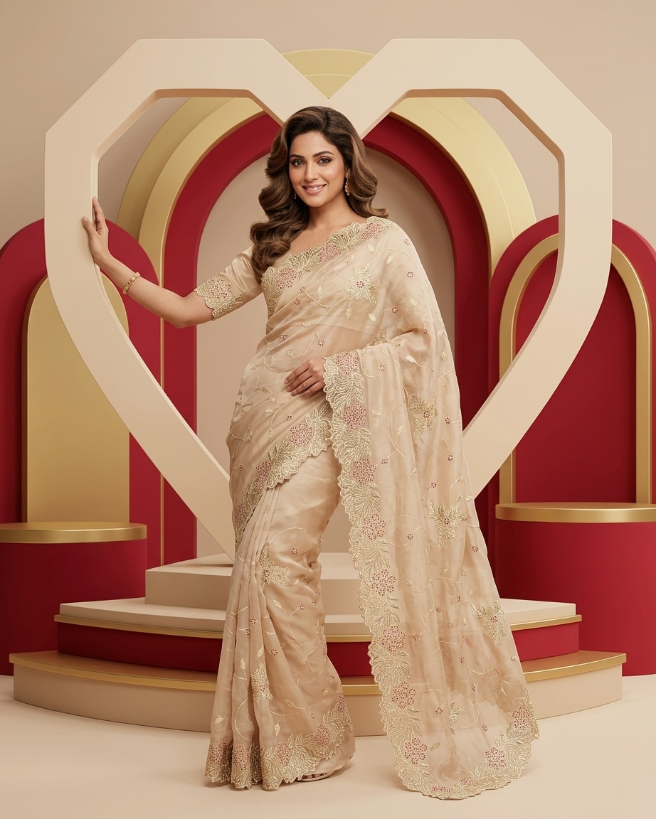 Blush Beige Floral Organza Saree