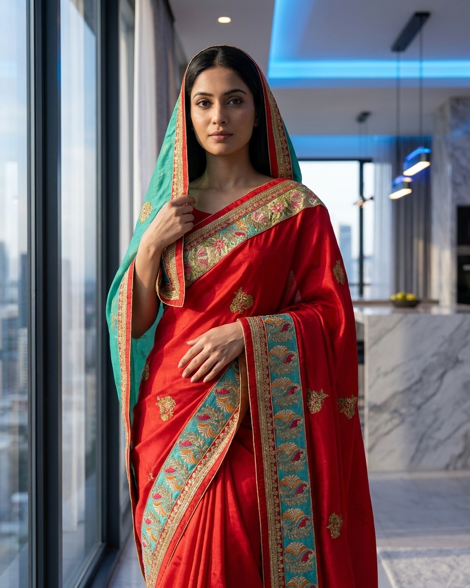Crimson Lotus Border Saree