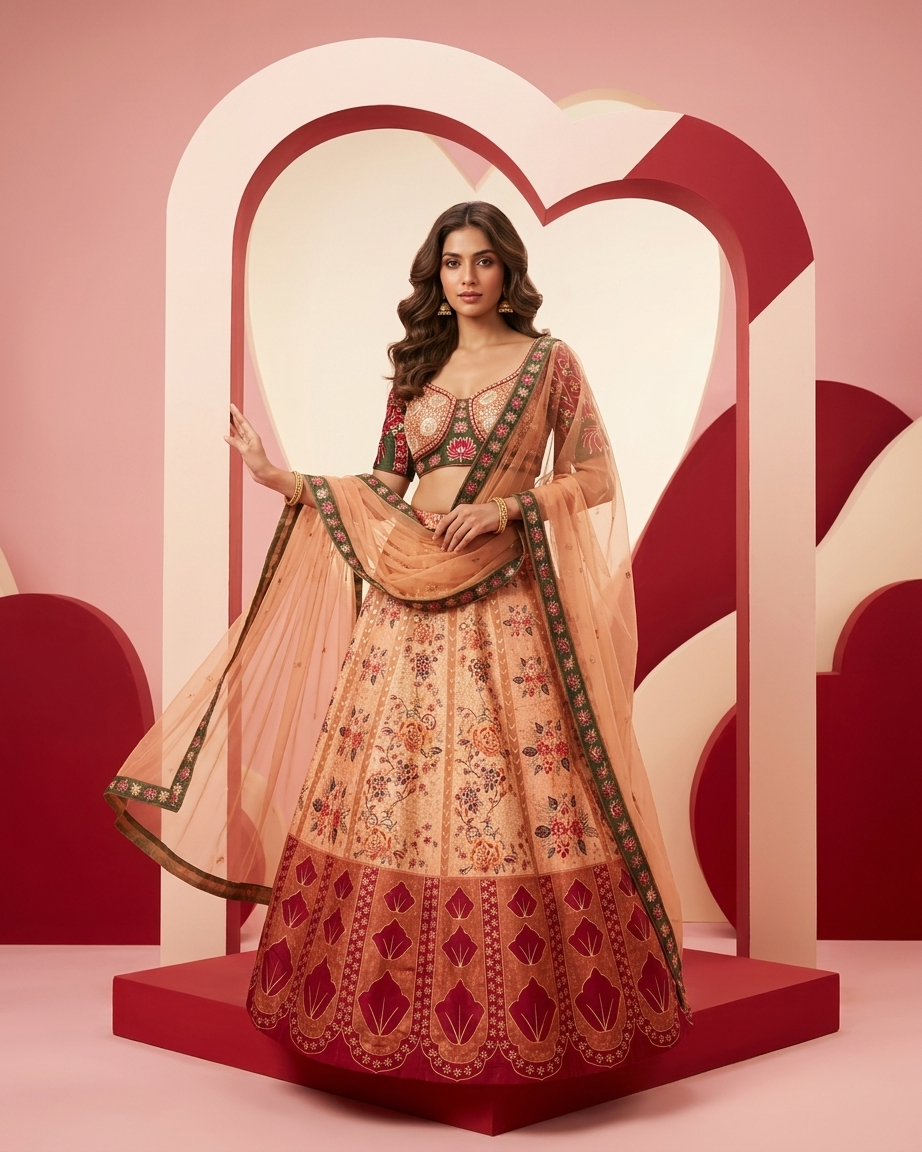 Heritage Peach Floral Lehenga Set