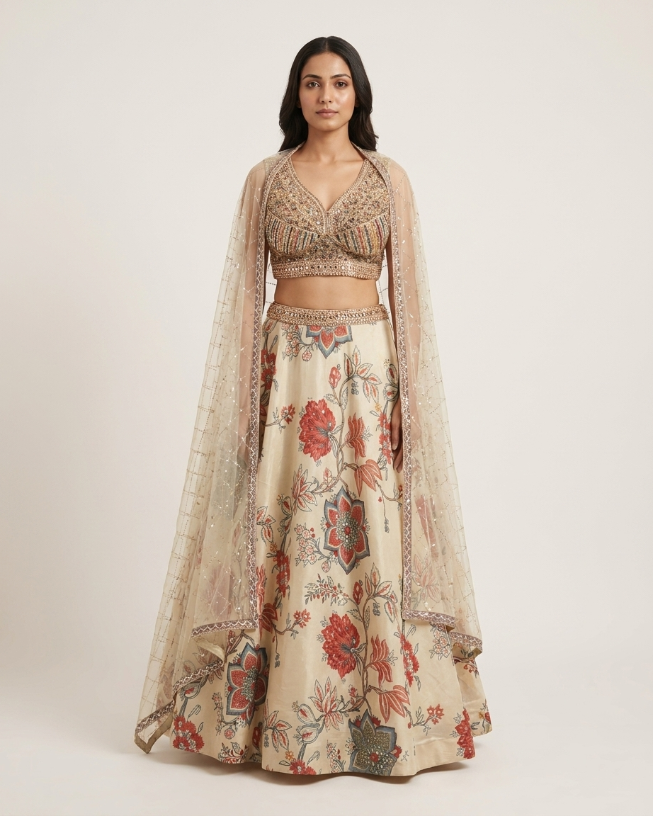 Ivory Bloom Cape Lehenga