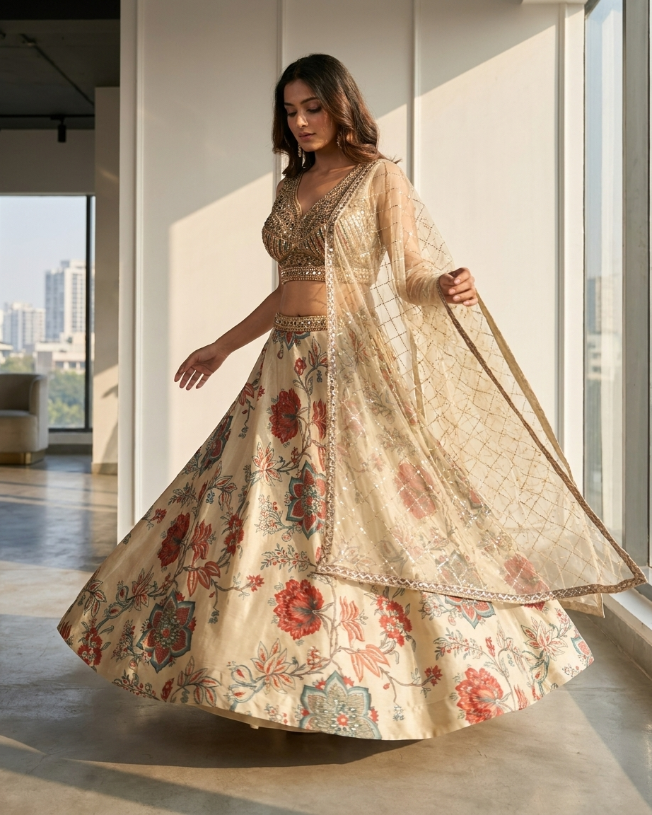 Ivory Bloom Cape Lehenga
