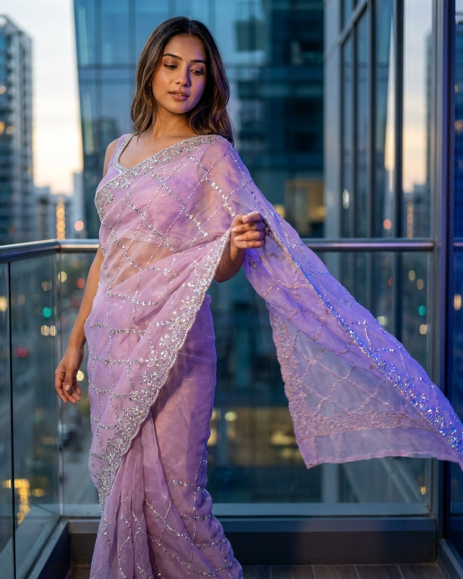 Lilac Blossom Sequin Saree