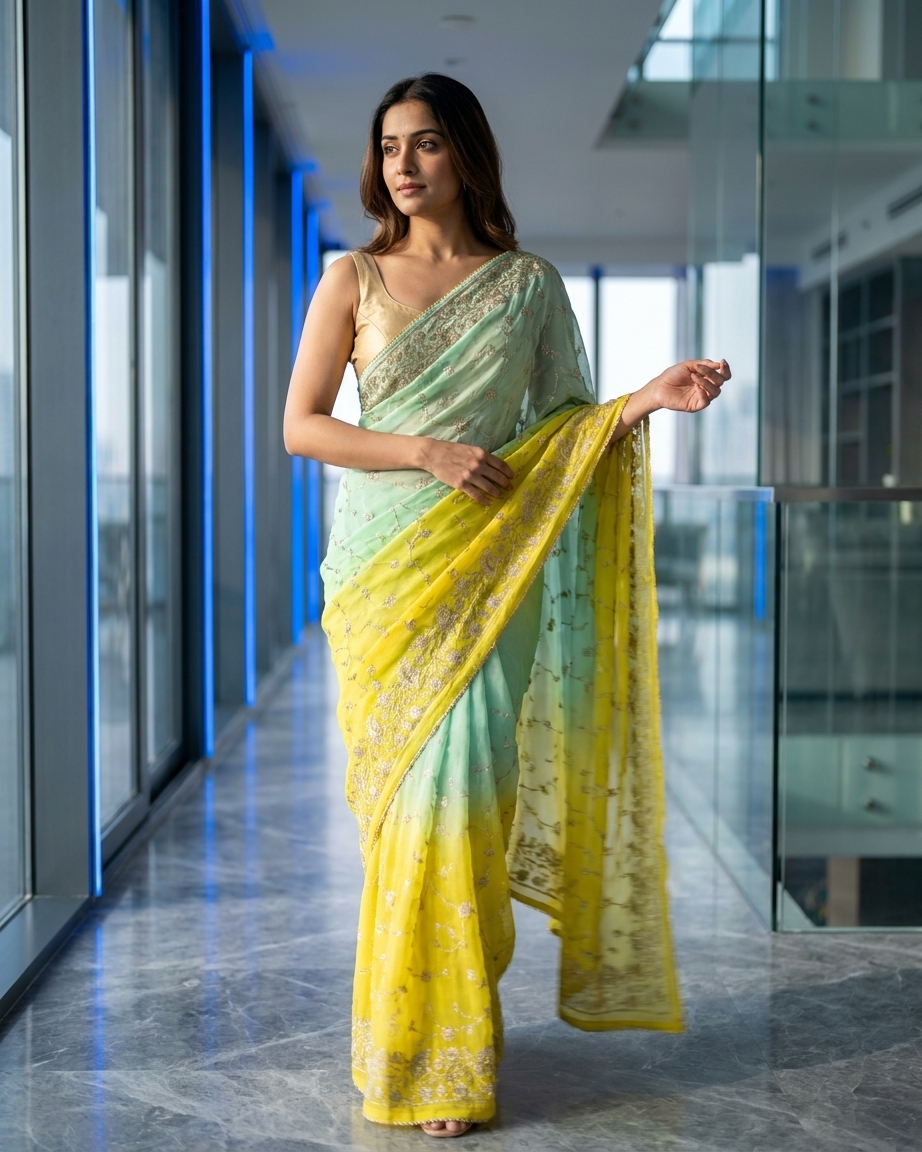 Mint Blossom Embroidered Saree
