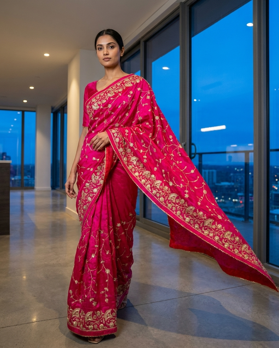 Rani Pink Bird Motif Saree
