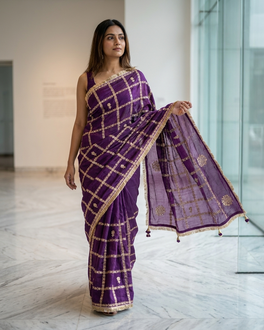 Regal Amethyst Checkered Saree