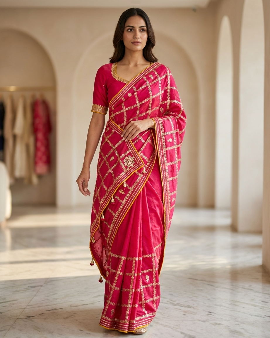 Royal Fuchsia Checkered Saree