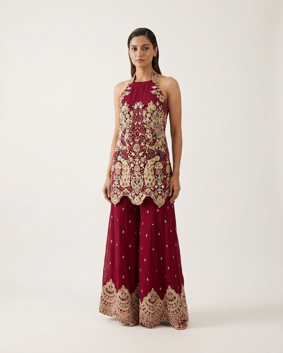 Ruby Peacock Embroidered Palazzo Set