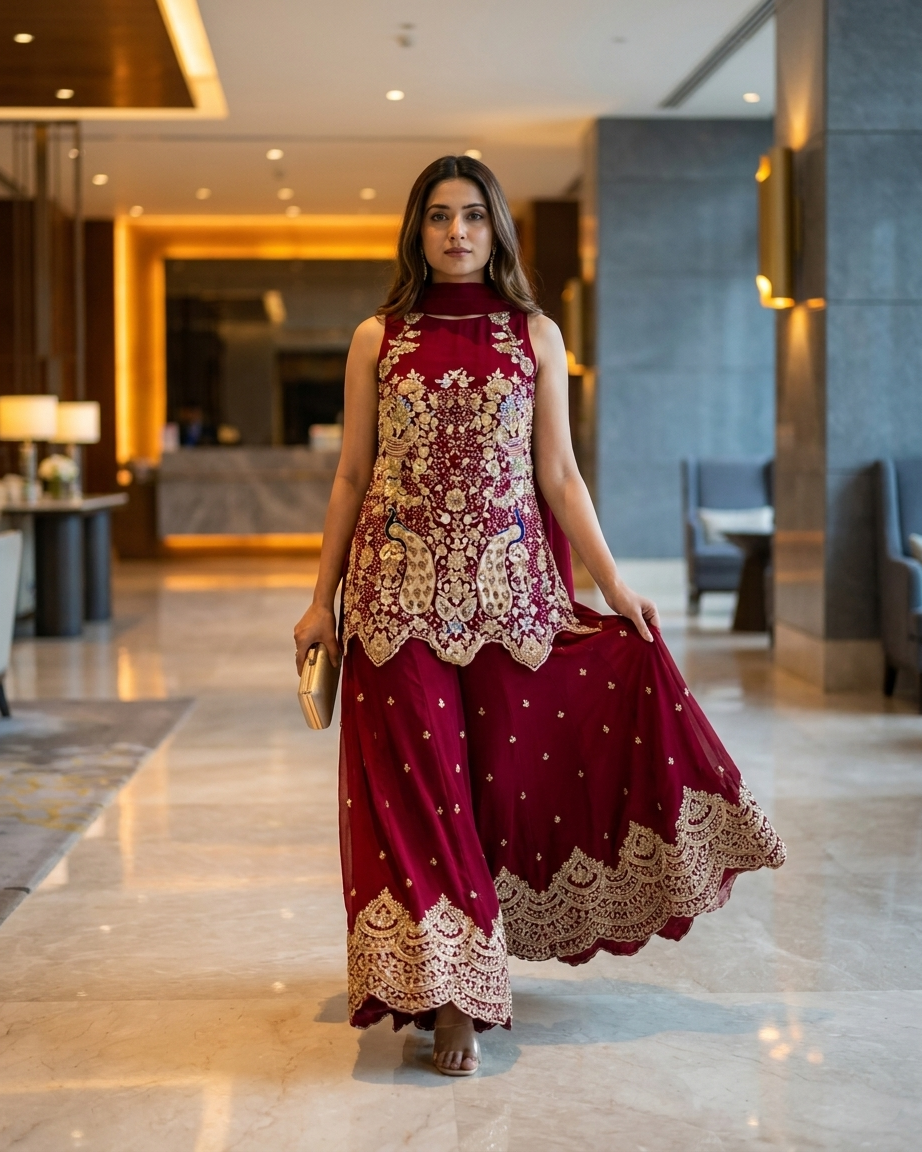 Ruby Peacock Embroidered Palazzo Set