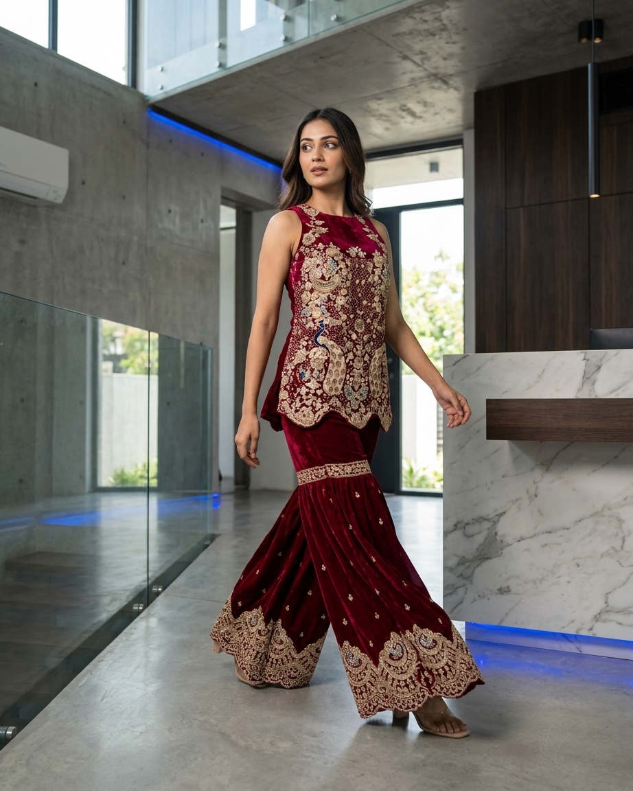 Ruby Peacock Embroidered Palazzo Set