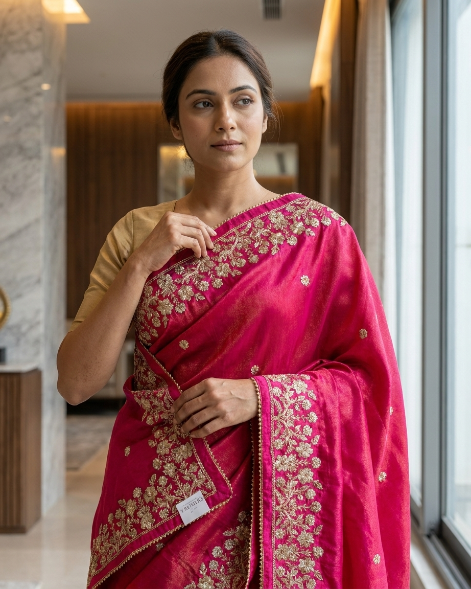 Ruby Red Floral Embroidered Saree