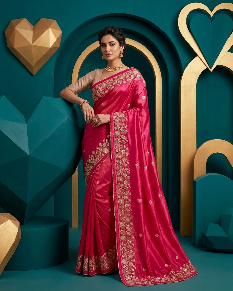 Ruby Red Floral Embroidered Saree