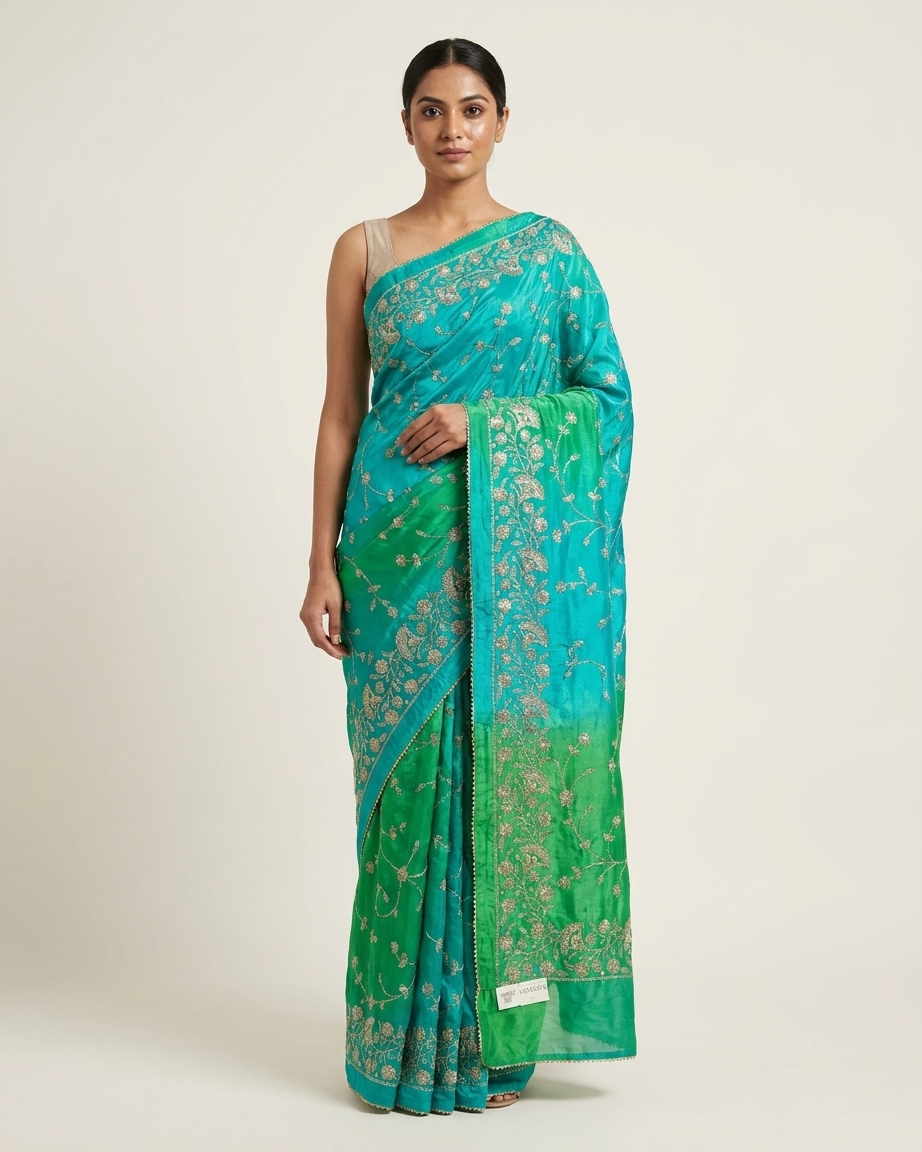 Turquoise Bird Motif Saree