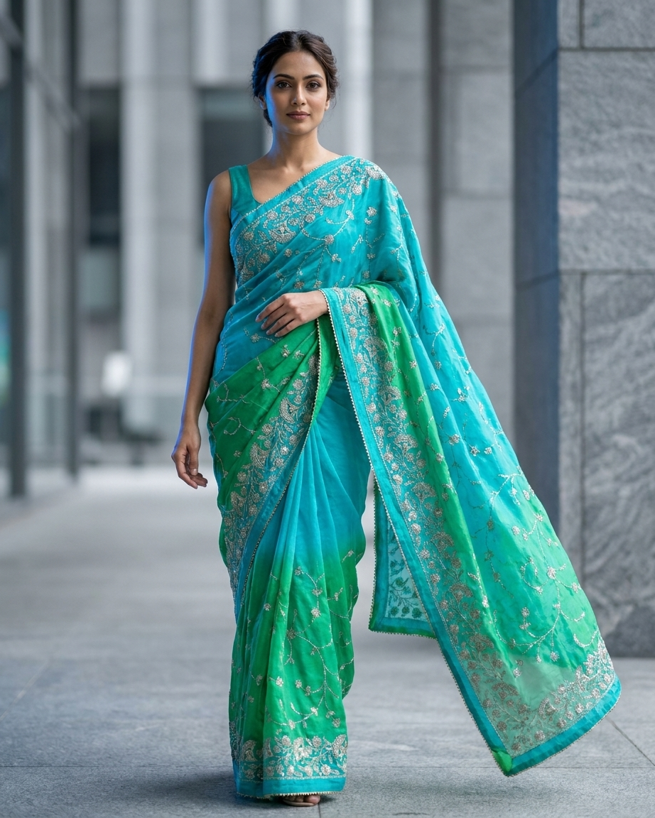 Turquoise Bird Motif Saree