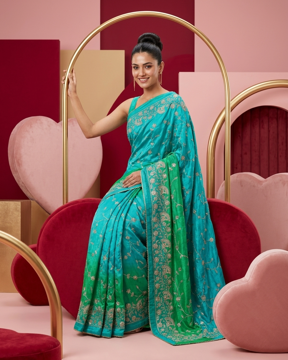 Turquoise Bird Motif Saree