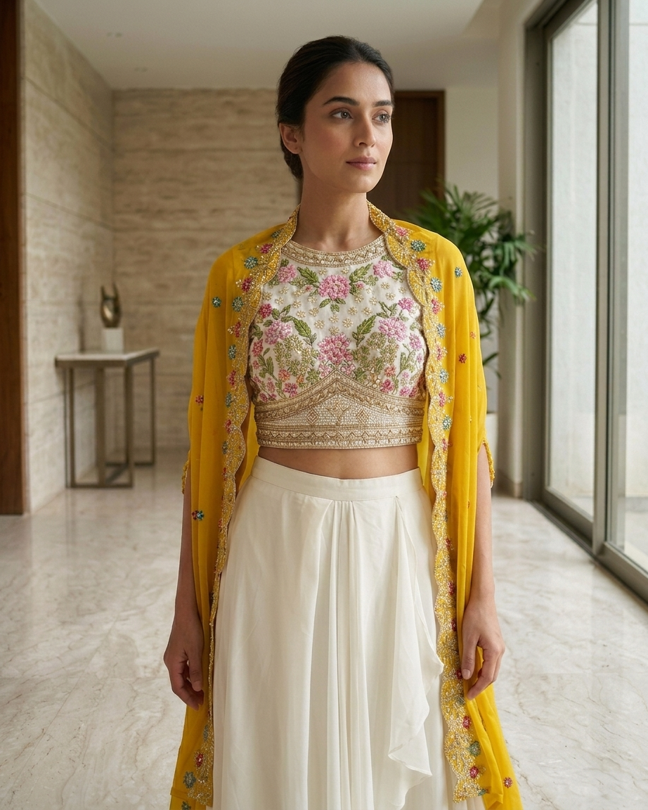 Sunlit Blossom Draped Skirt Set