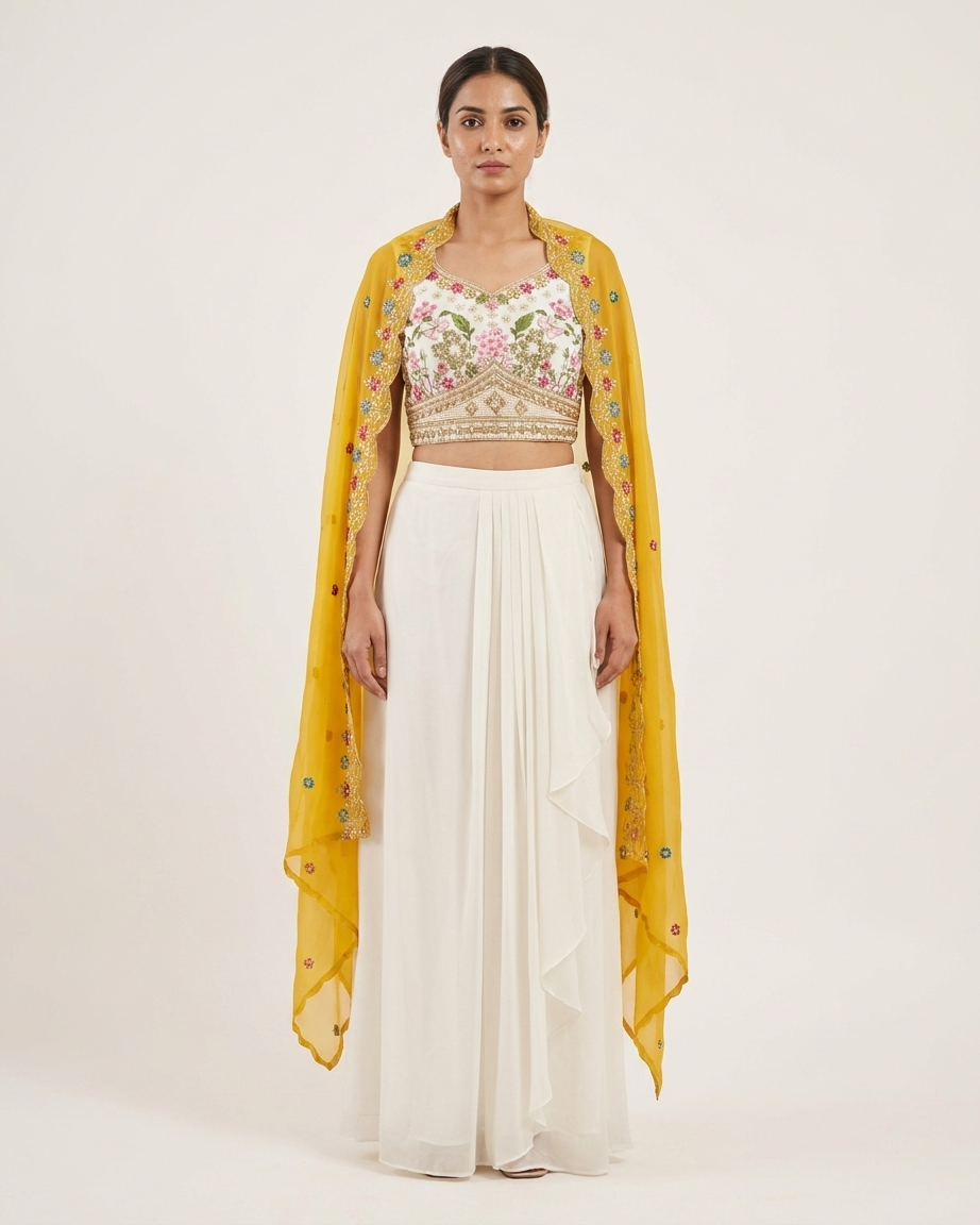 Sunlit Blossom Draped Skirt Set